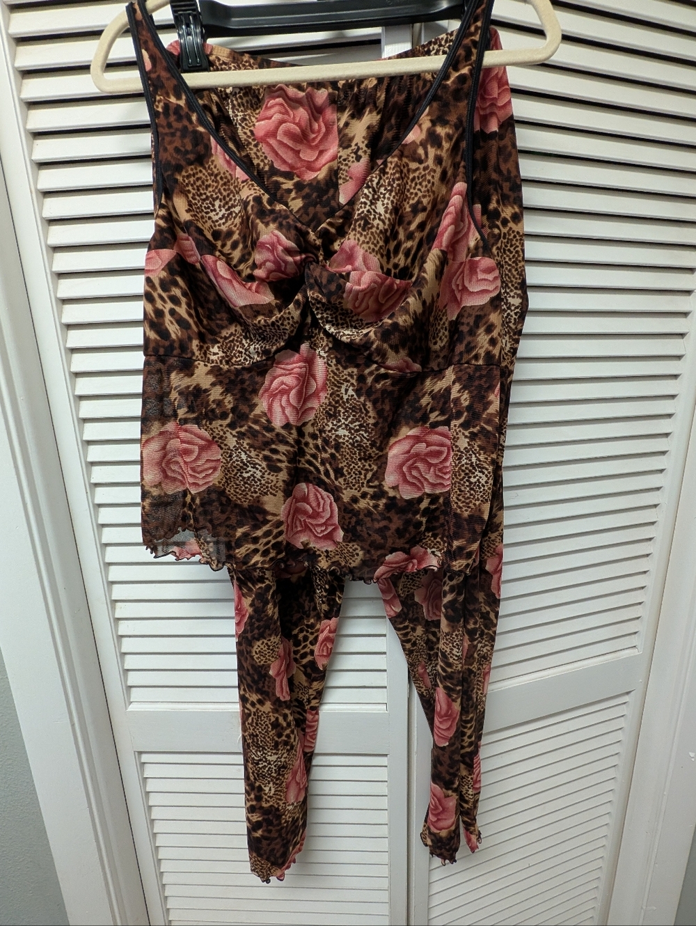 Women's Pink Rose & Leopard Print Pajama Set - Sleeveless Cami & Pants